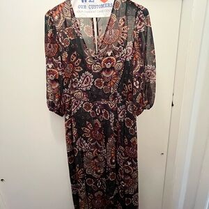 Calvin Klein Black and Orange Floral Long Sleeve Dress